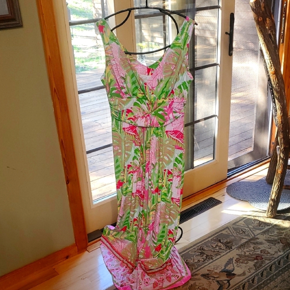 Pappagallo Pink Green Tropical Palm Leaf V-Neck Maxi Dress Womens Size Medium